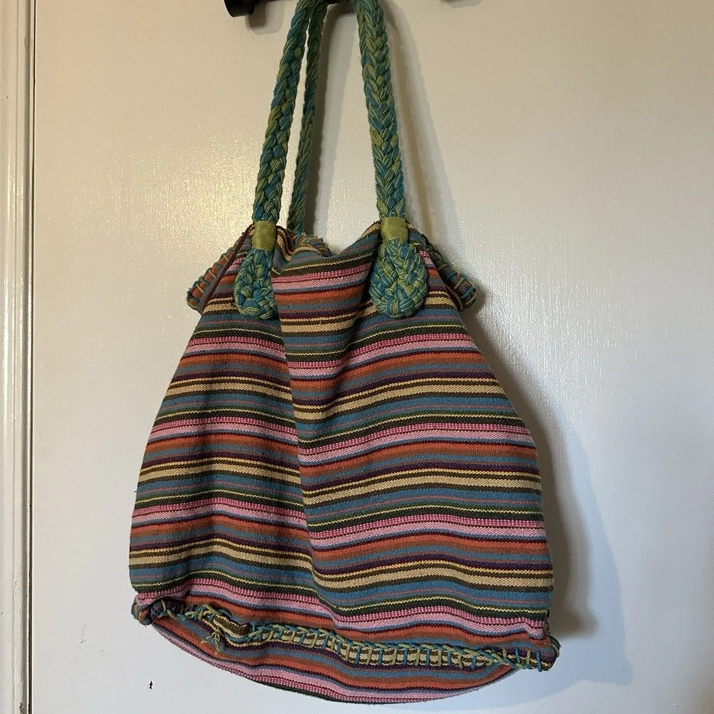 Limited Y2K Fabric & Yarn Large Hobo‎ Bag W/ Braided Straps Rainbow Colorful